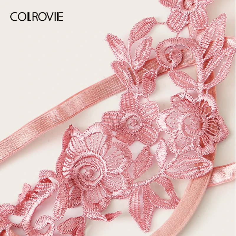 COLROVIE, розовый, прозрачный, с аппликацией, сексуальный бюстгальтер и v-стринги, комплект нижнего белья, женское нижнее белье,, прозрачный комплект нижнего белья