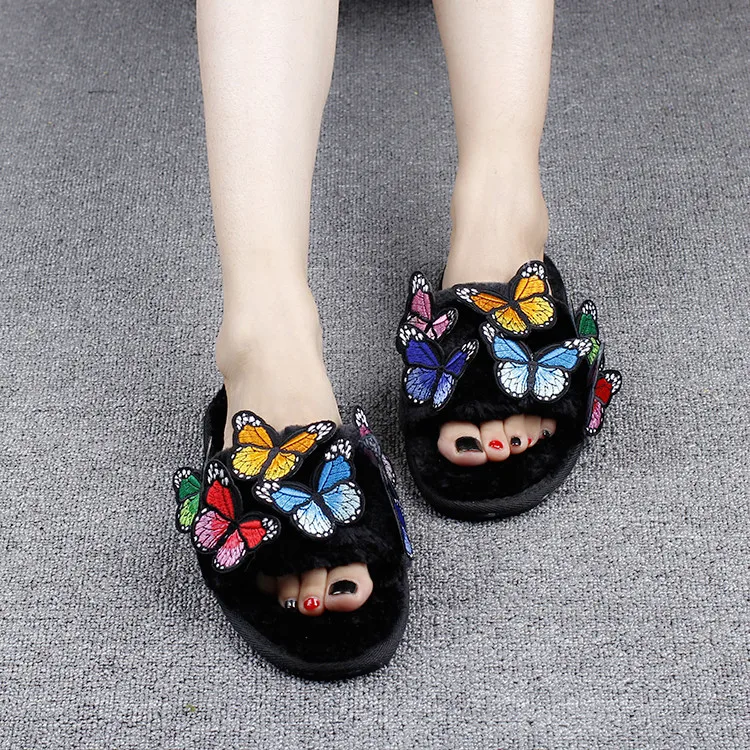 Шлепанцы женские с хлопковой подкладкой дизайнерские сандалии вышивкой мехом