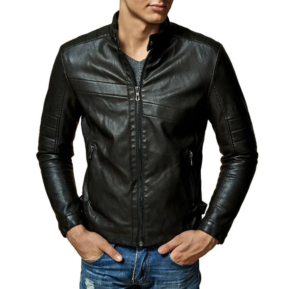 Мужская кожаная куртка из искусственной овечьей кожи мотоциклетная приталенная