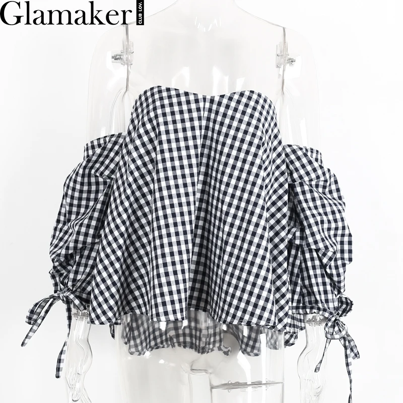 Glamaker, сексуальная клетчатая блузка с открытыми плечами, рубашка, женская, в полоску, с открытой спиной, тонкая, элегантная, Пляжная блузка, рубашка, blusas, женские топы, летние - Цвет: black white plaid