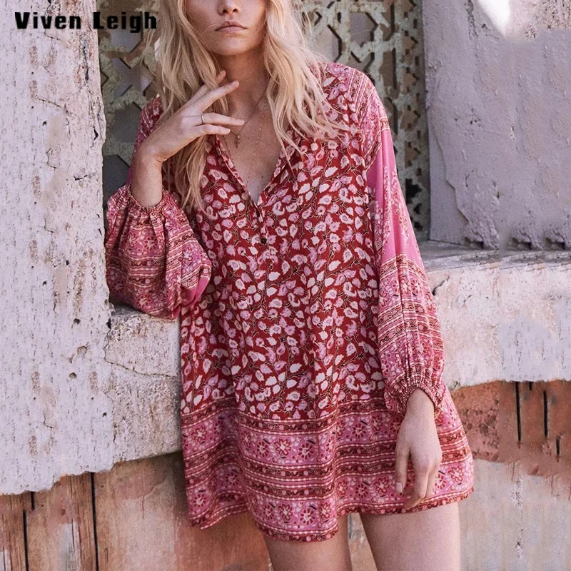 Новые короткие Boho платье 2018 печати с длинным рукавом v-образным вырезом Платья