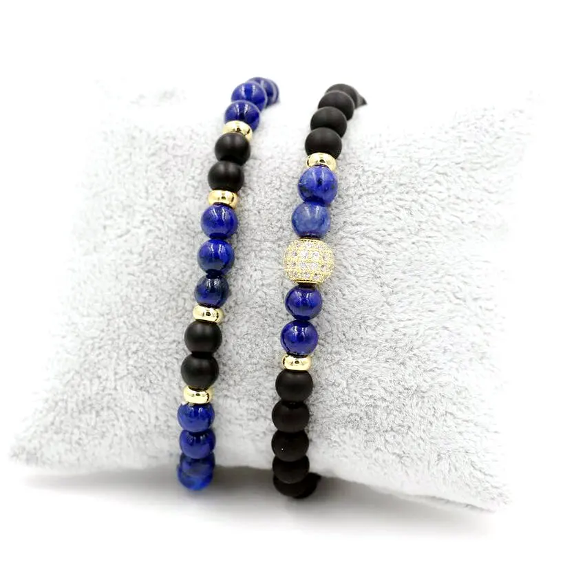 2pcs/set 6mm Lapis Lazuli Stone Charm Strand Bracelets Men Inlay Zircon Crystal Balls Bracelet For Women Lovers' Couples Gift images - 6