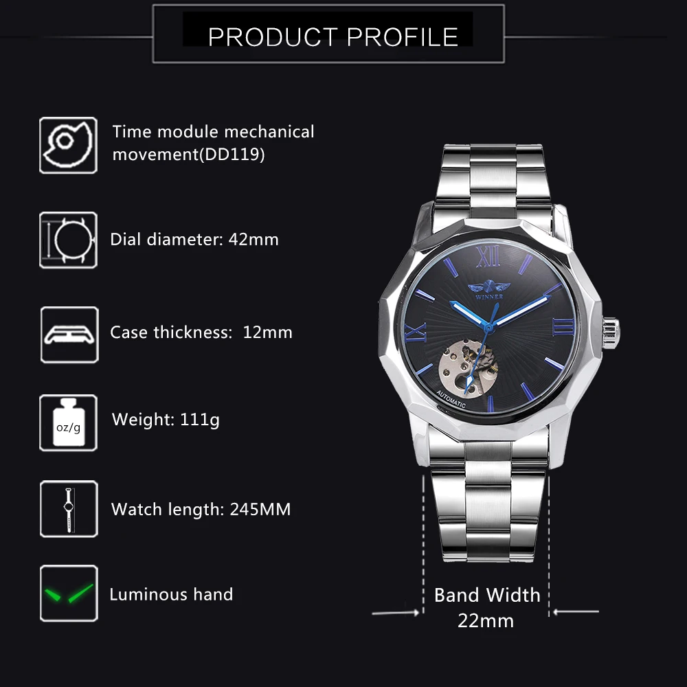 Часы наручные WINNER мужские механические Роскошные автоматические Модные в стиле
