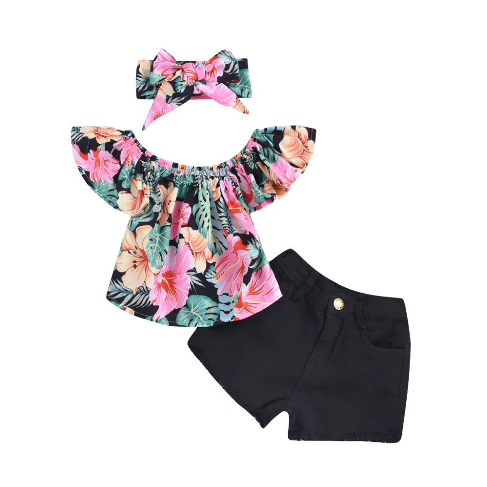 Toddler Kids Baby Girls Fly Sleeve Floral Tops Solid Short Hair Band Outfits Set children clothes girl 0227 | Детская одежда и