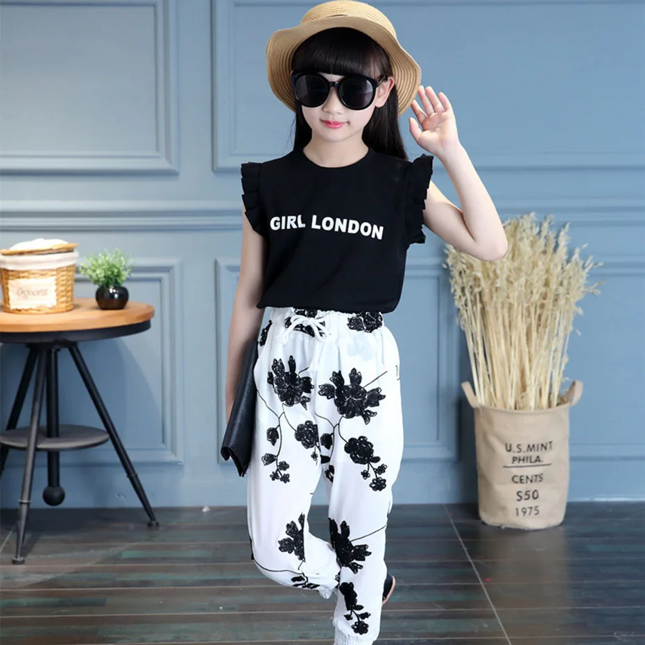 Комплект летней одежды для девочек комплект детской с цветочным принтом 6 8 12 лет