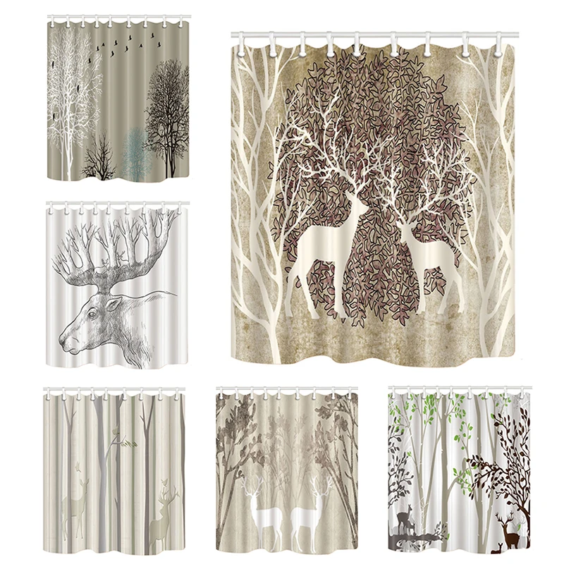 

Art Design Shower Curtains Branches Ink Painting Bath Screens Home Decor Polyester Fabric Waterproof and Mildew Proof with Hooks