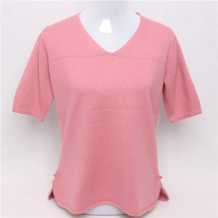

100%goat cashmere v-neck knit women fashion short sleeve pullover sweater claret Chinese vintage style 3color M/4XL