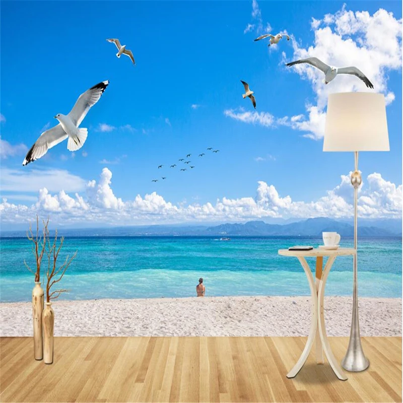 Wellyu современный простой Морской пейзаж голубое небо белые облака Чайка фон Стена
