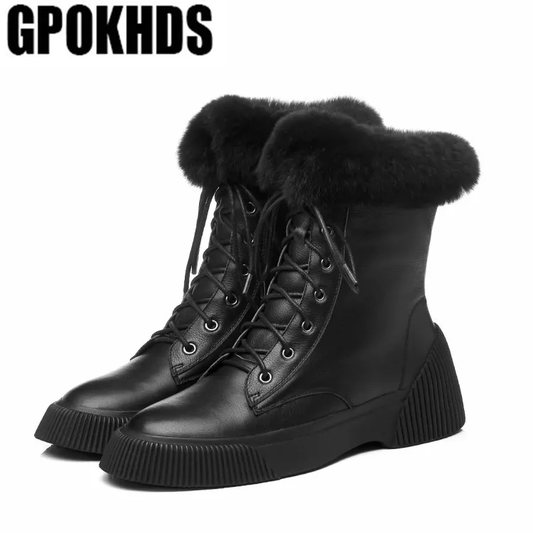 Женские зимние ботинки GPOKHDS 2019 из коровьей кожи теплые смеси шерсти на шнуровке с