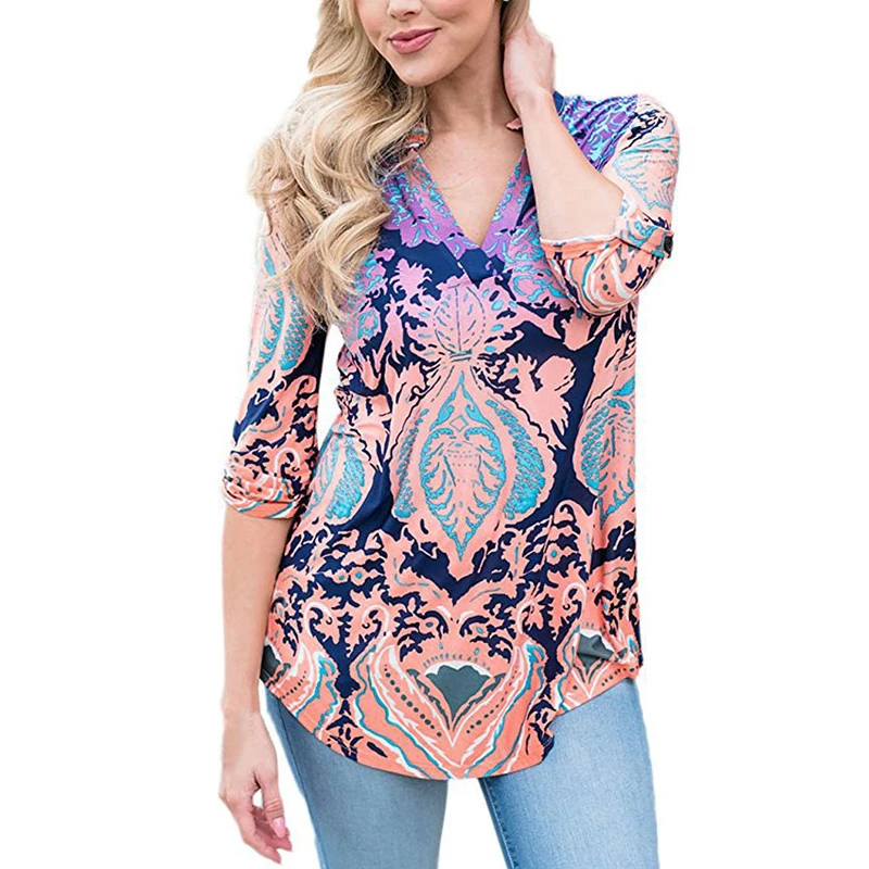 Шифоновая Блузка 2019 летние женские блузки с длинным рукавом Цветочный принт