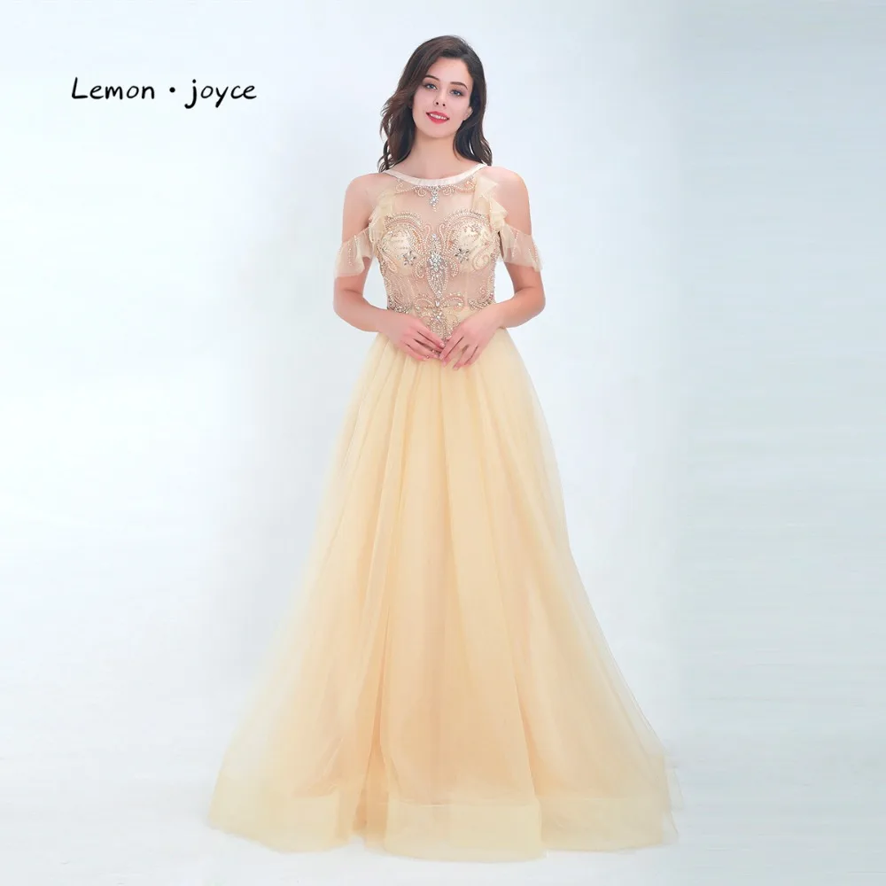 Lemonjoyce Elegant Champagne Evening Dress 2020 New Style O-Neck Top beading Illution A Line Floor Length Lady Prom Party Gown | Свадьбы и