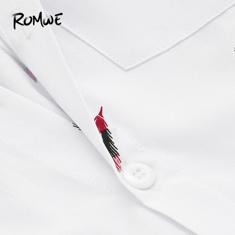ROMWE для мужчин перо печати Slim Fit рубашка отложной воротник демисезонный с длинным рукавом блузки для малышек Белый однобортный то