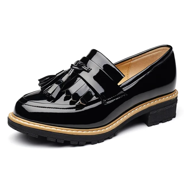 Black Oxfords Teahoo Оксфордские туфли для Для женщин Ленточки без шнуровки женская обувь Лакированная кожа, женские оксфорды, лофтеры обувь - Цвет: Black Oxfords