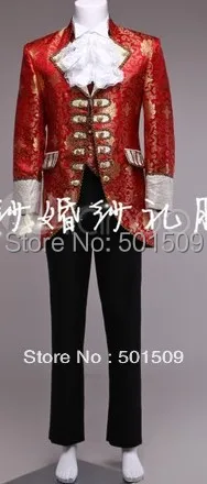 

red golden suit, vest, collar flower and trousers mens period costume Medieval Renaissance stage performance /Prince charming