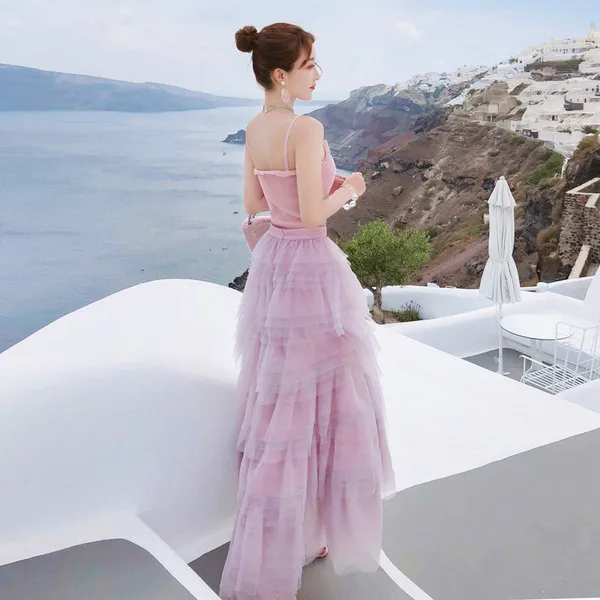 Розовый трикотажный комплект с юбкой из тюля и сетчатой ткани 2019 летние