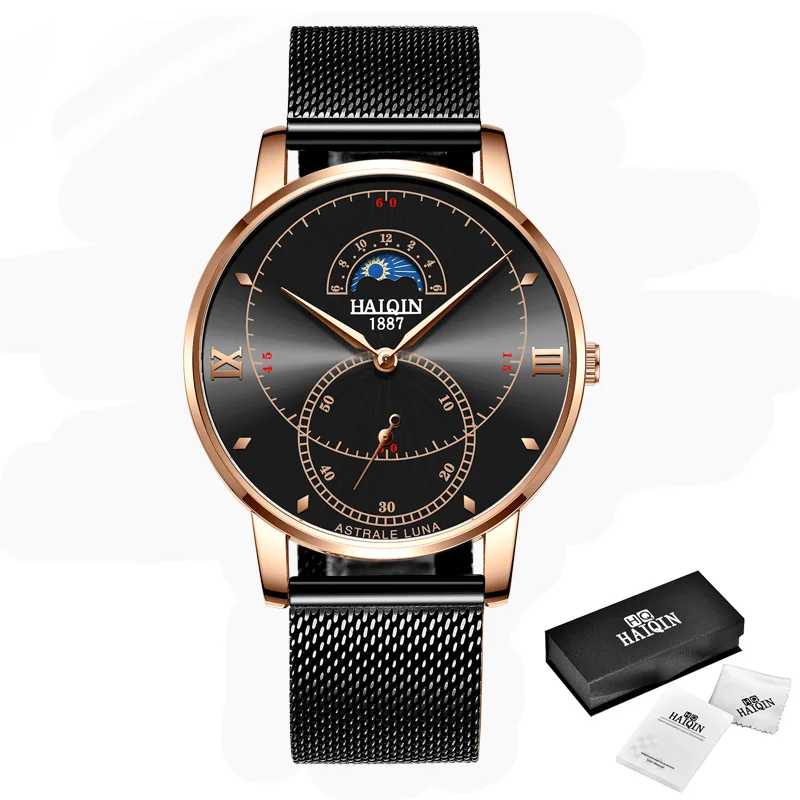 Rose Gold-black HAIQIN мужские часы, кварцевые мужские часы, Топ бренд, Роскошные военные спортивные часы, мужские наручные часы, reloj hombre, Relogio Masculino - Цвет: Rose Gold-black