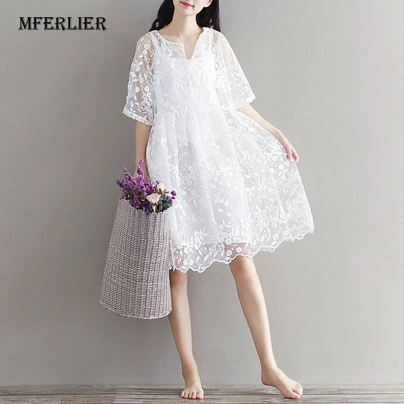 Женское кружевное платье Mferlier летнее Сетчатое с высокой талией и круглым