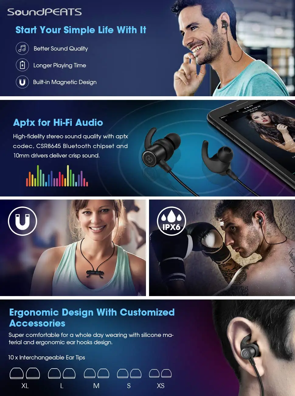 SoundPEATS супер бас стерео беспроводные Bluetooth наушники-вкладыши спортивные IPX6 водонепроницаемые наушники с микрофоном для iPhone samsung sony