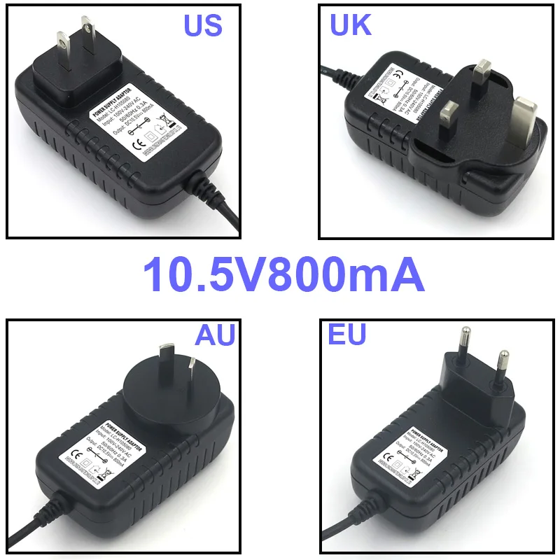 

VORED 10,5 V 800mA адаптер питания US/EU/UK/AU штепсельная вилка зарядное устройство с кабелем 1,5 м 5,5*2,1 мм для видеомашины MP4 Бесплатная доставка