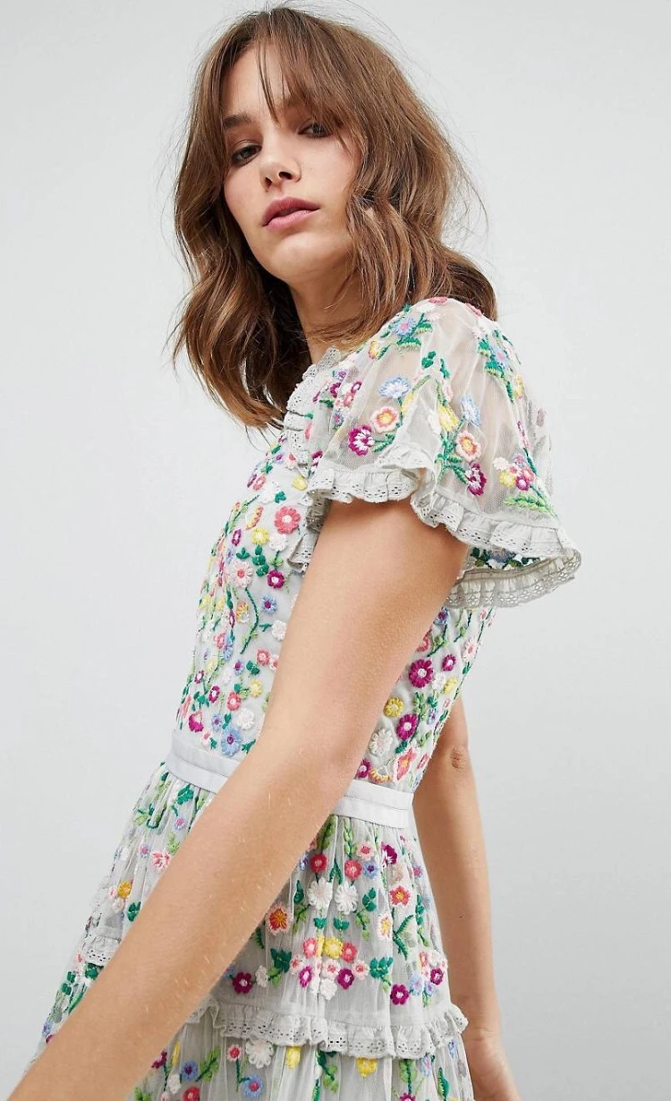 New Fashion Runway Summer Dress Women's Flare Sleeve Floral Embroidery Elegant Mesh Hollow Out Midi Dresses