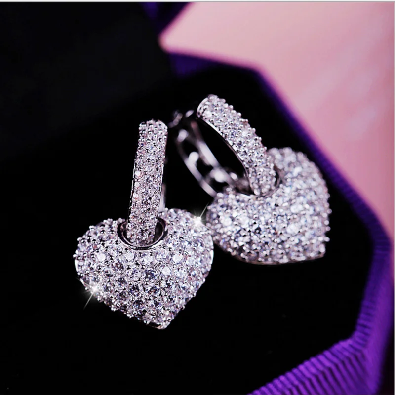 SWOUR New Jewelry S925 Sterling Silver Cubic Zircon CZ Wedding Gift Crystal Heart Shape Hoop Earrings For Woman S007 | Украшения и