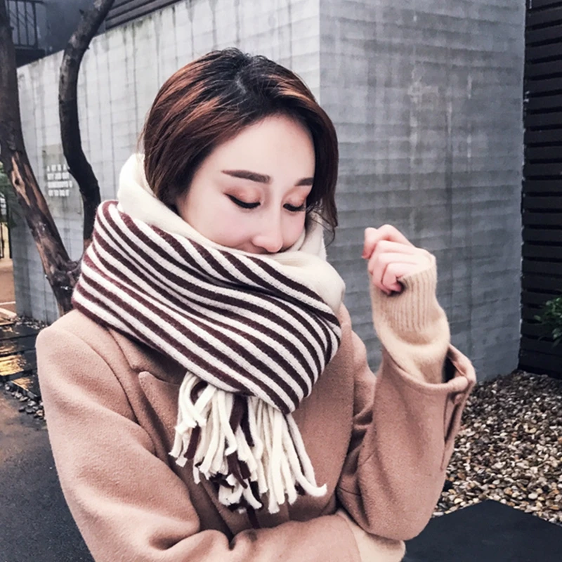 Tassels Hem Warm Winter Scarf Women Imitation Cashmere Striped Long Luxury Brand Shawls and Wraps Foulard Echarpe | Аксессуары для