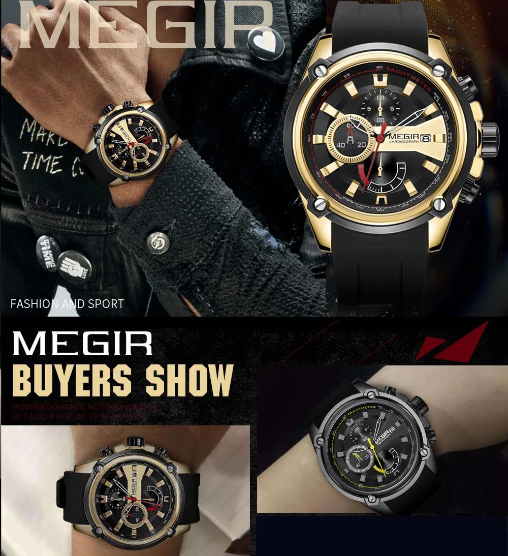 MEGIR 2019 модные многофункциональные часы Мужские кварцевые с резиновым ремешком