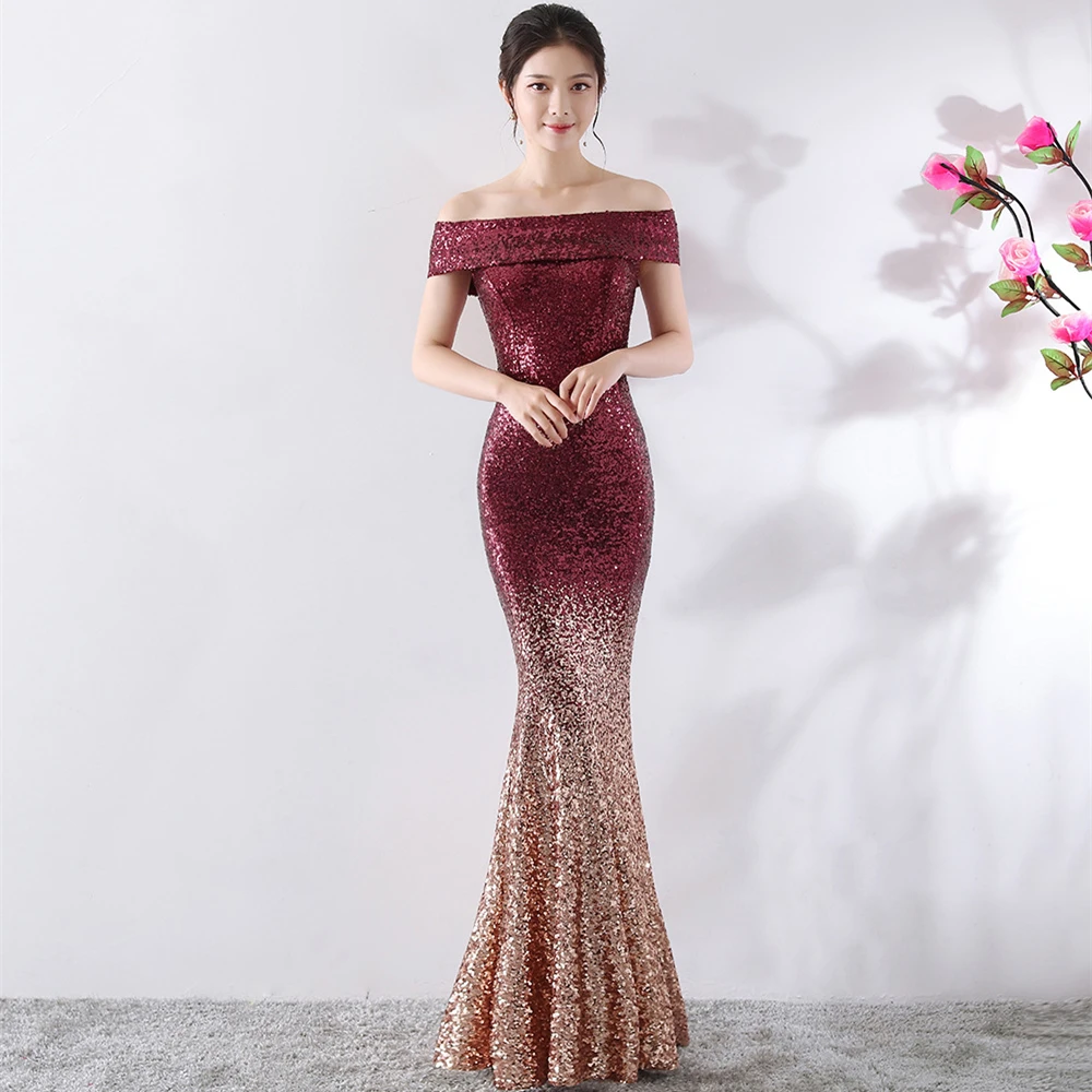 Новый блесток Русалка вечернее платье с открытыми плечами торжественное для