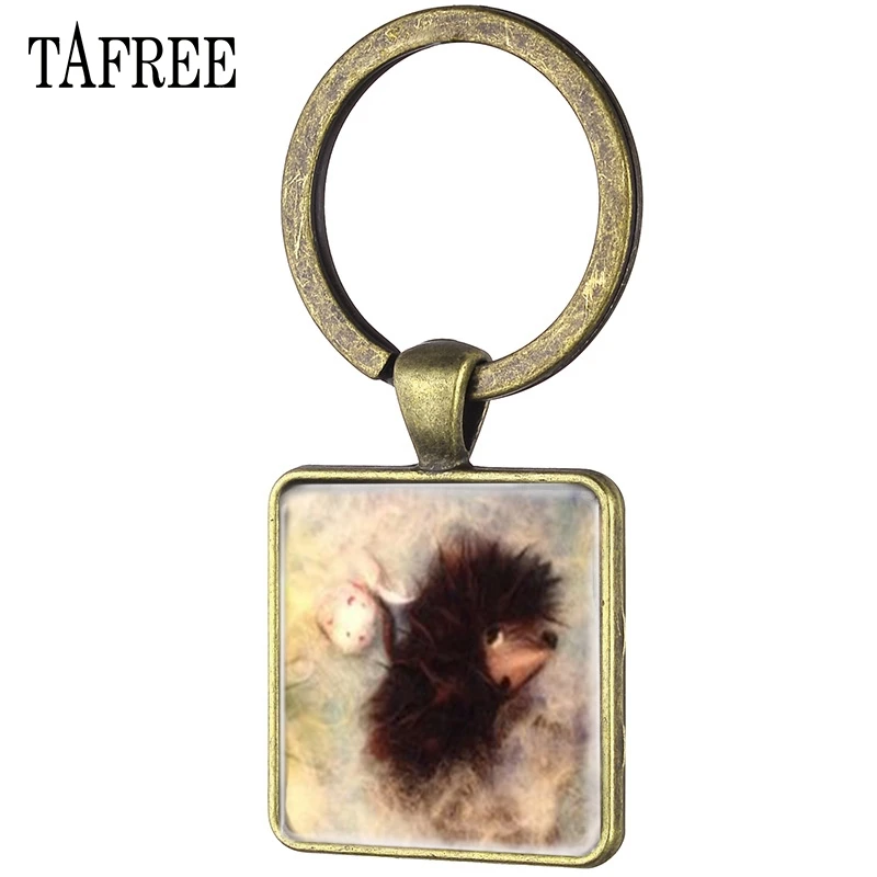 

TAFREE Fashion Glass Square Keychains Lovely Animal Owl & Hedgehog Picture Key Chain Antique Bronze Plated Keyring Jewelry HF32