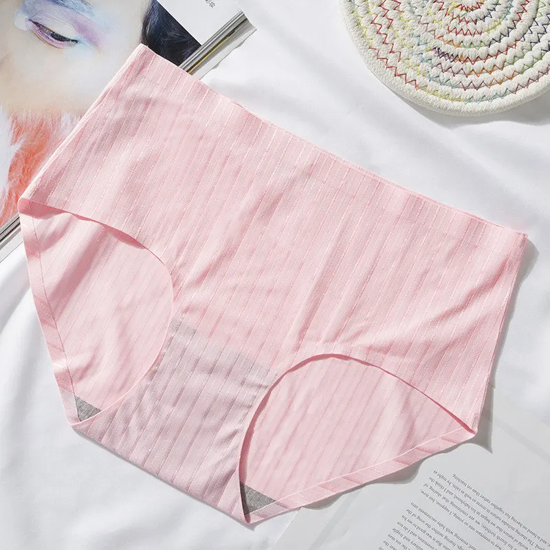 pink SP& CITY Полосатое бесшовное нижнее белье для женщин, шелковые сексуальные трусики для менструации, средняя талия, хлопковые трусы, женское нижнее белье - Цвет: pink