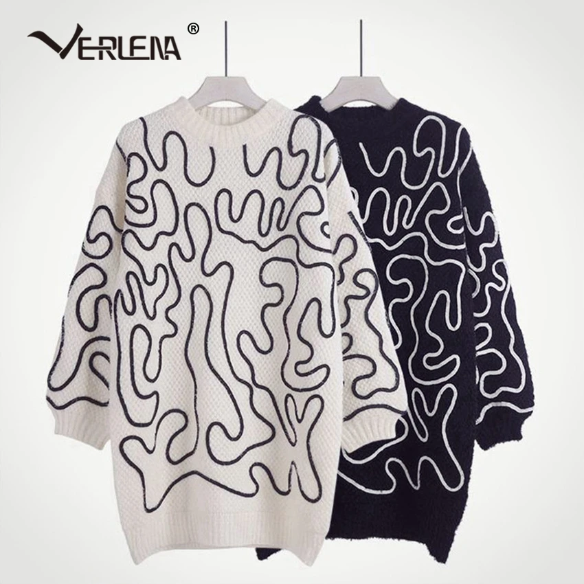 Verlena Loose Fluffy Jumper Long Wide Sleeve Streetwear Winter Sweater Dress Women 2019 Abstract Pattern Sweaters Pullover | Женская