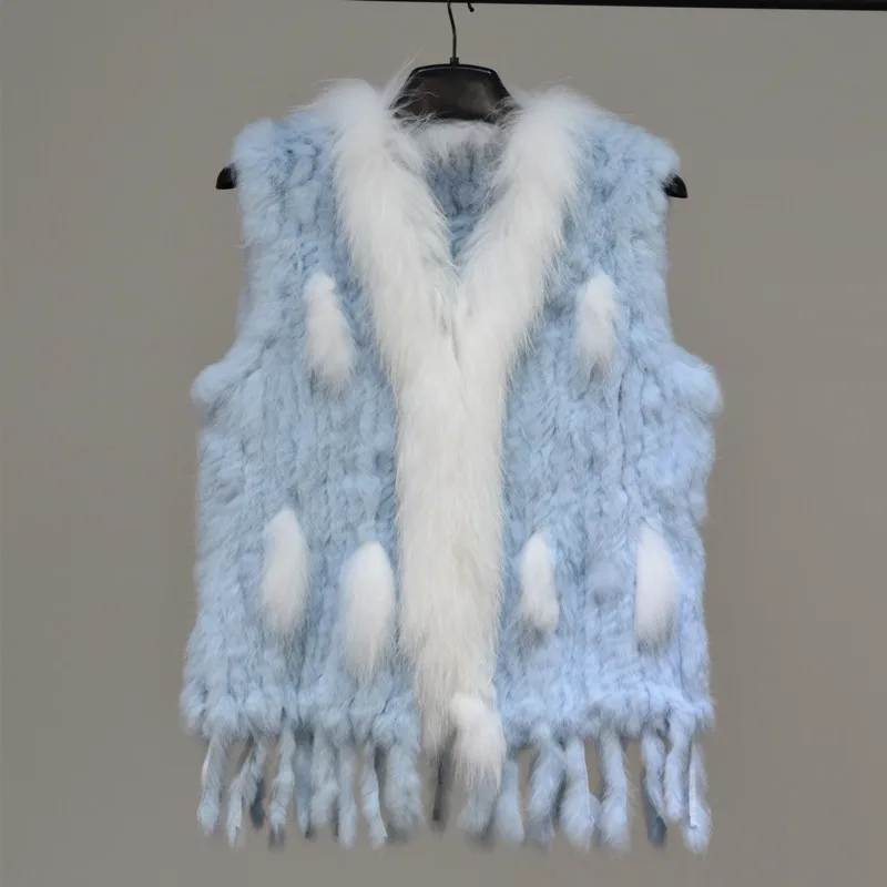 light blue-W Новые цвета, женский жилет из натурального кроличьего меха, пальто с кисточками и воротником из меха енота,, Прямая поставка VR032 - Цвет: light blue-W