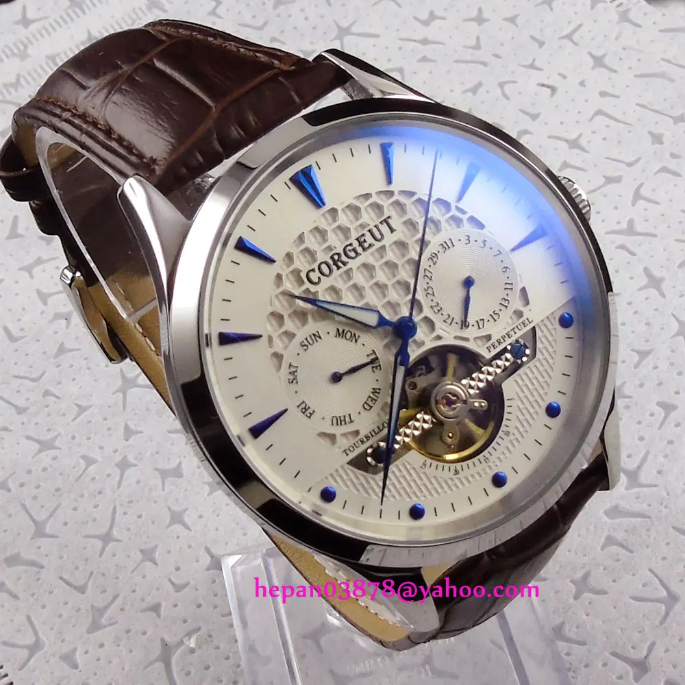 44 мм белый циферблат с синими стрелками купольное стекло неделя и дата