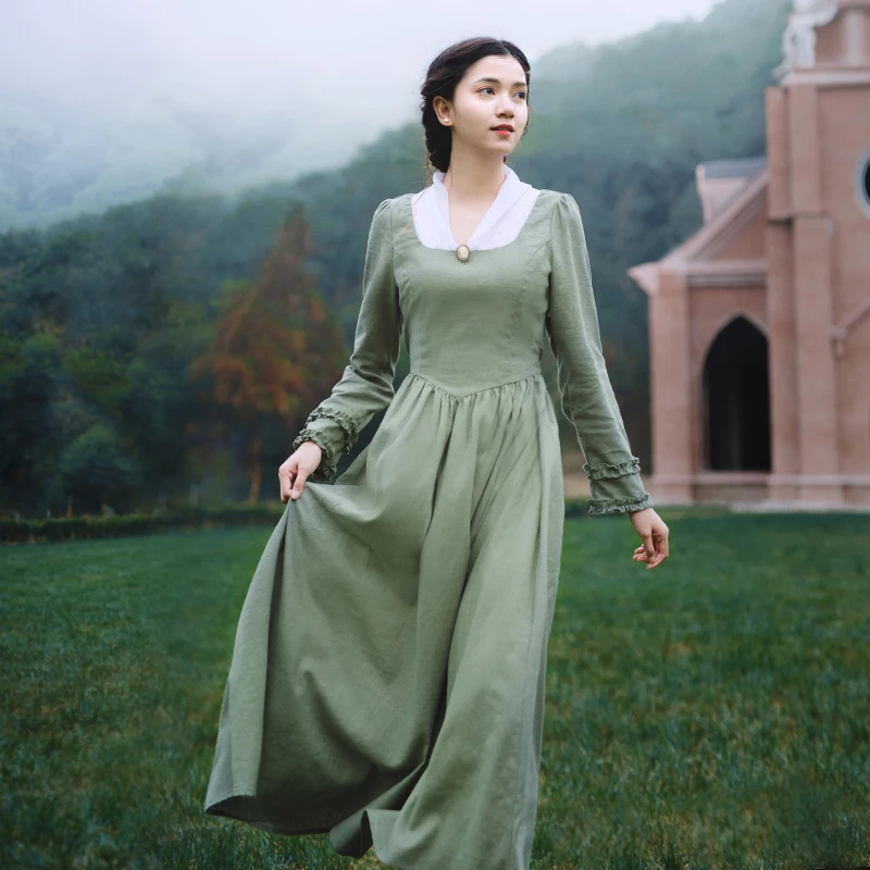 Vestido, весенне-осеннее женское винтажное платье с v-образным вырезом и длинным рукавом, элегантное тонкое льняное платье принцессы, светильник с кружевом, Зеленое Длинное Платье sukienki