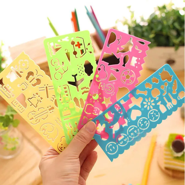 4PCS New Cute Candy Color Art Graphics Symbols Drawing Template Ruler Student Kids Stencil Rule Stationery Supplies | Канцтовары для