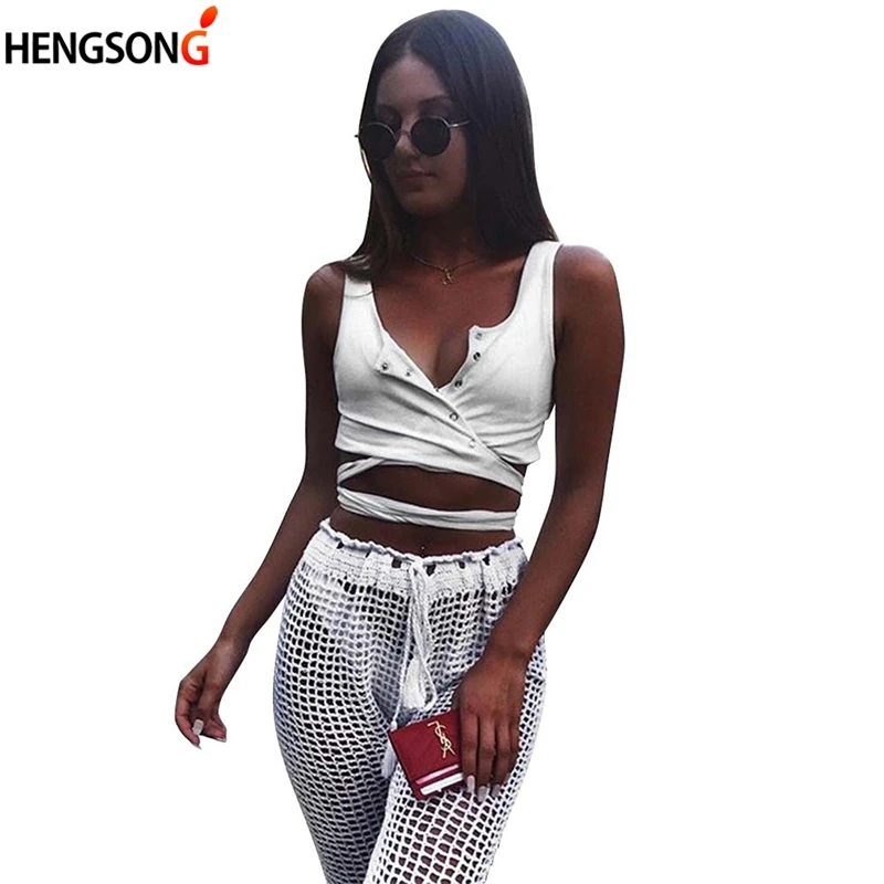 Женский короткий топ на завязках эластичный Повседневный укороченный пуговицах