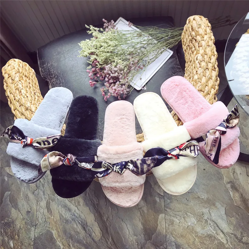 

print butterfly-knot short plush home slippers women winter warm fur shoes open toe furry flip flops woman fluffy fur sandals