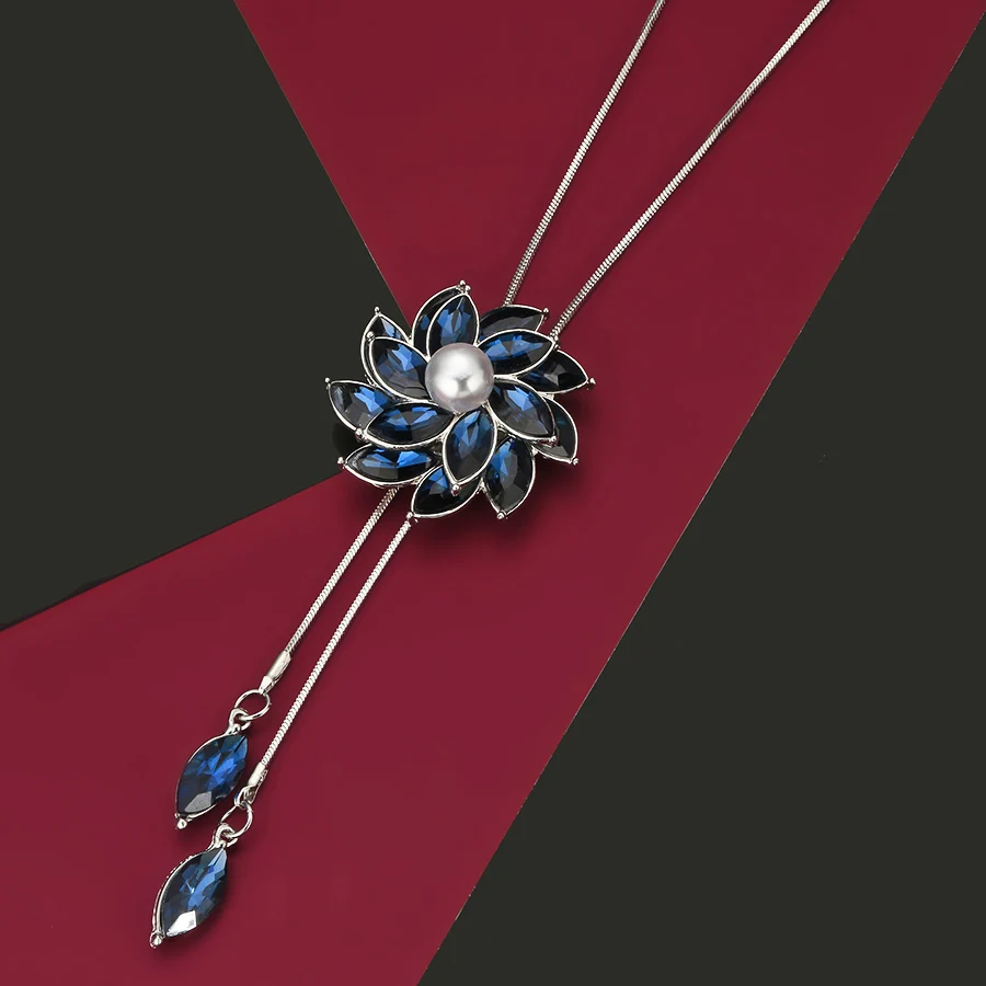 Collier Femme Bijoux 2018 Blue Crystal Necklaces Women Fashion Flower Long Pendant Necklace Choker Sweater Chain Accessories New |