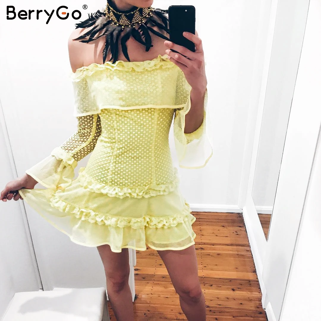 BerryGo с открытыми плечами кружевное платье оборками женское Открытое сексуальное