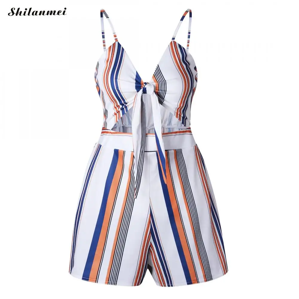 Повседневное полосатый ремешок пикантные летние Playsuit спинки комбинезон без