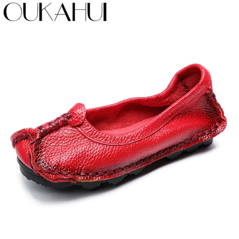 

OUKAHUI 2019 Spring Handmade Flat Genuine Leather Shoes Women Slip-on Shallow Vintage Cow Leather Loafers Shoes Women Flat Soft