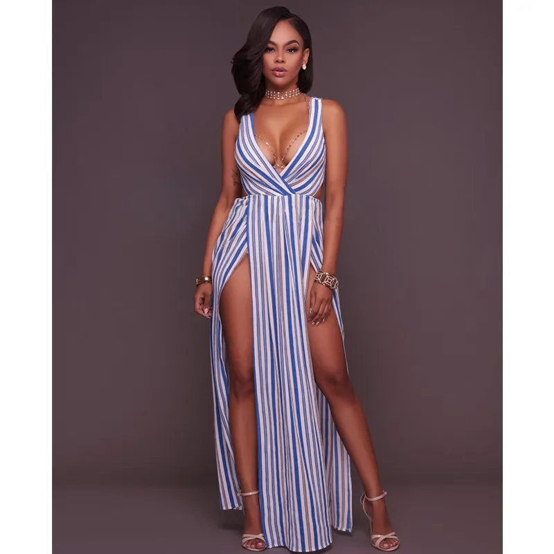 Женское длинное платье в полоску Tsuretobe пляжный сарафан с открытой спиной