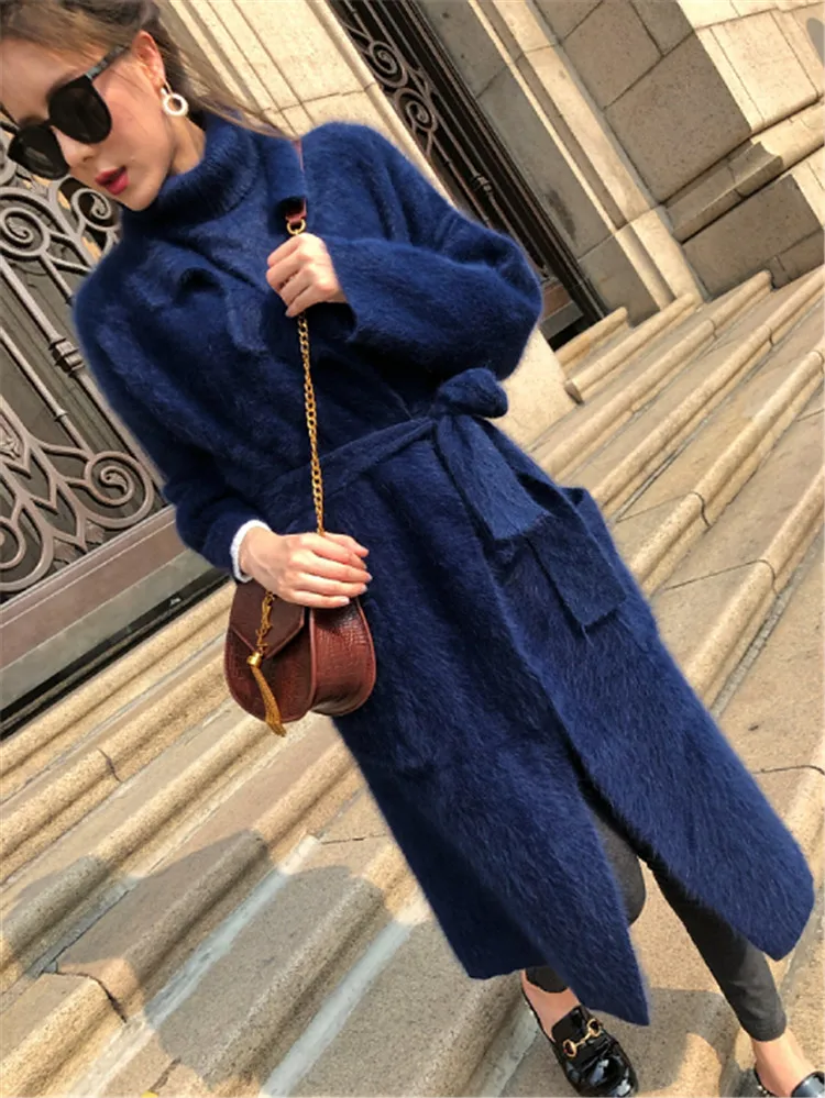 LOVELY-JINNUO, новинка, натуральный норковый кашемировый свитер, женский зимний теплый пушистый длинный кардиган с жилетом и поясом, куртка, пальто JN560