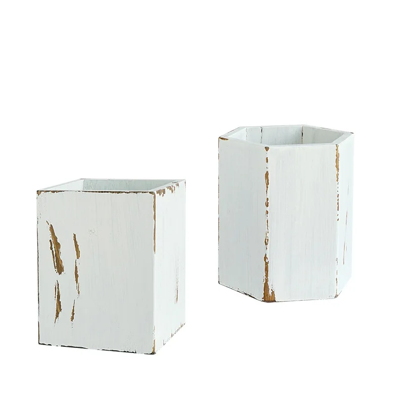 Retro Pastoral Wooden Hexagon Pencil Holder Rural Vintage White Color Ins Flower Machine Flower Vase Storage Can for Home Decor