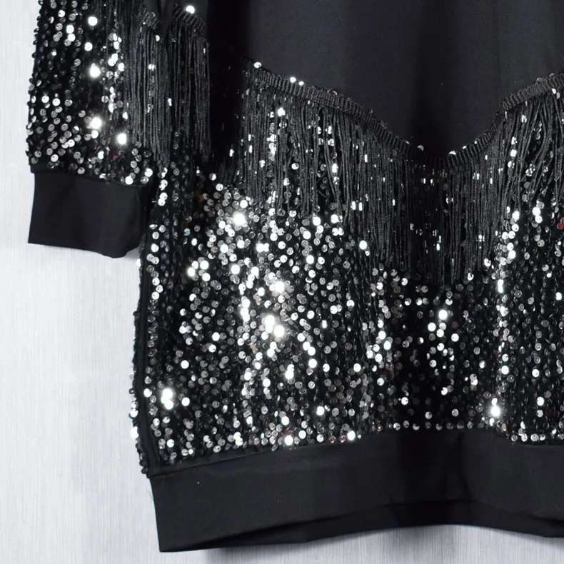 Круглый вырез модное лоскутное блестящее весеннее платье черное BlingBling Fringe Pullolvers