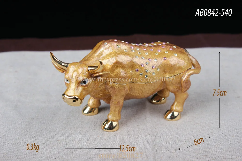 FengShui Full Crystal Design Wall Street Cow Statue Trinket Box Cow animal bejeweled trinket jewelry box figurine  ring holder