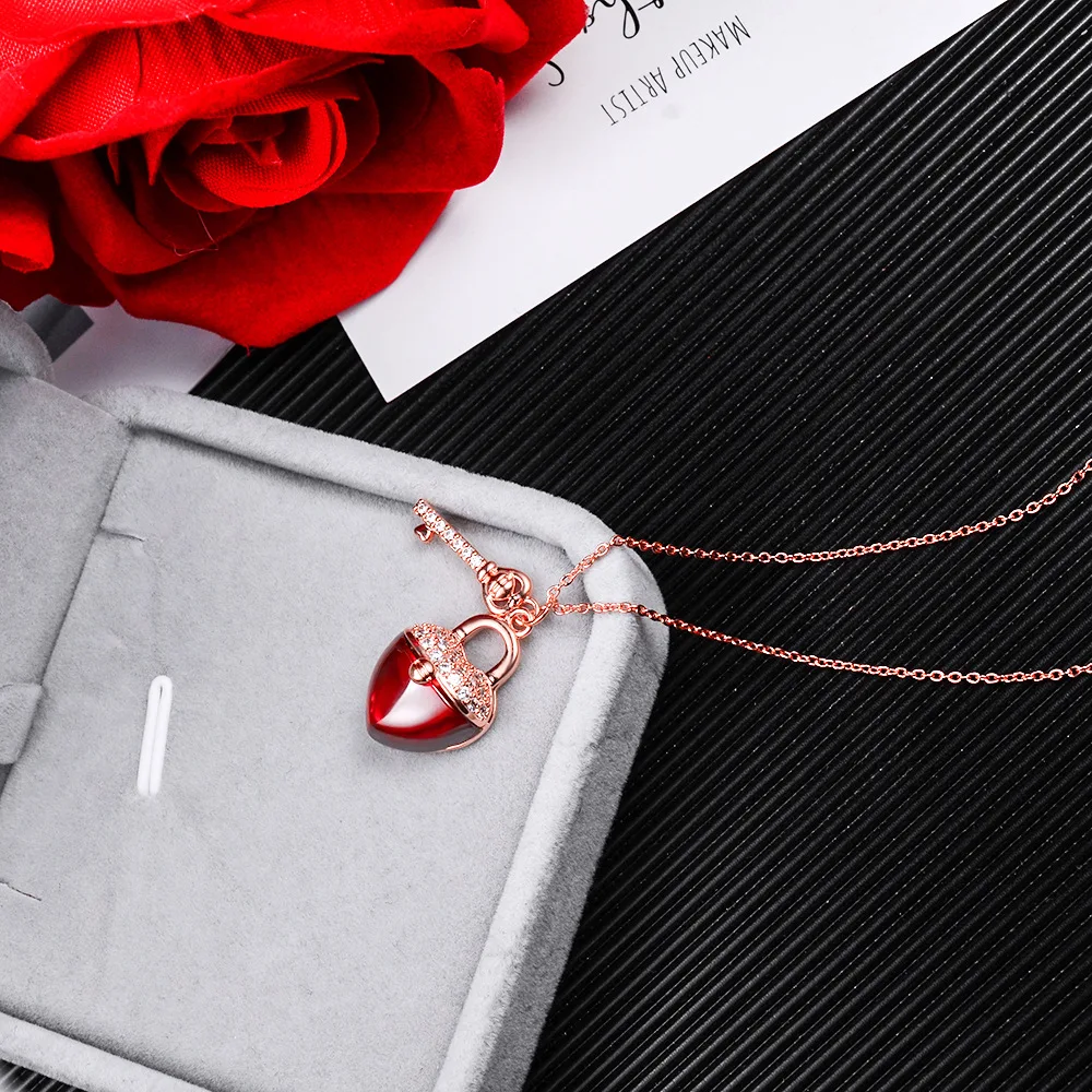 YUN RUO микро проложить Циркон Сердце Ключ ожерелье колье розовое золото цвет