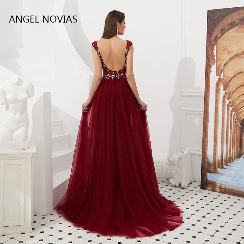 ANGEL NOVIAS Длинные Элегантные Кристаллы v-образный Вырез Весна Лето вечернее платье с юбкой-годе Серые Вечерние платья свадебное платье без спинки