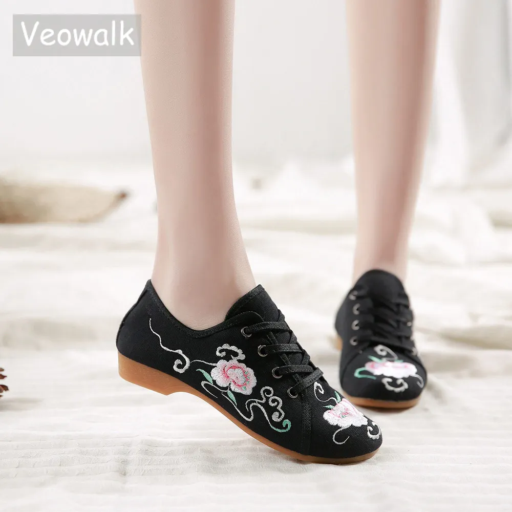 Женские холщовые кроссовки Veowalk повседневные туфли на шнуровке с вышивкой