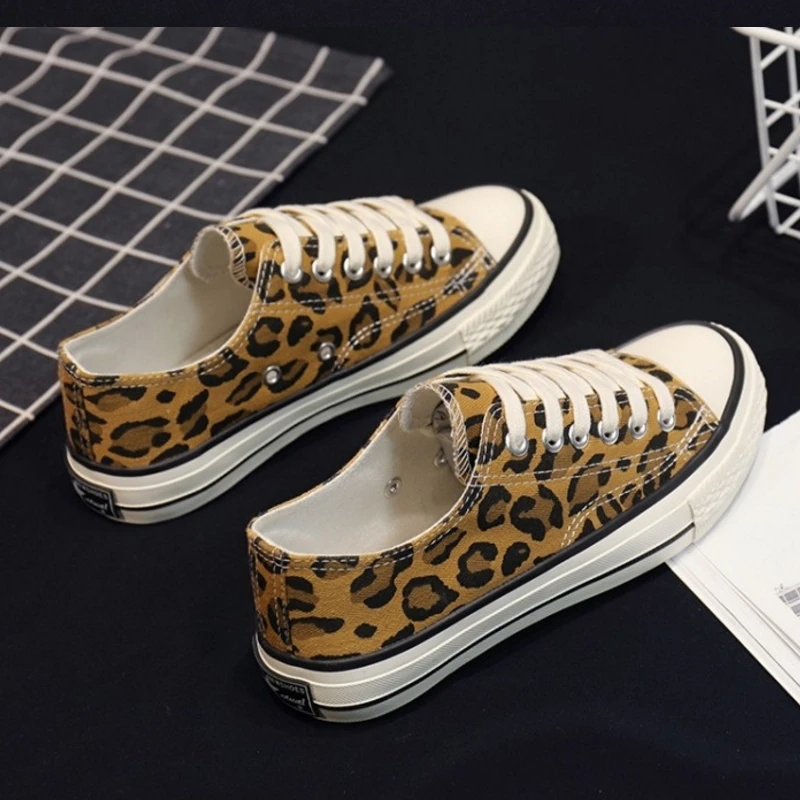 SJJH Women Canvas Leopard Sneakers High Low Top Comfortable Shoes Vulcanize Flats Casual Chaussure Lace-up Ladies Footwear D004